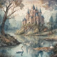 a painting of swans in front of a castle