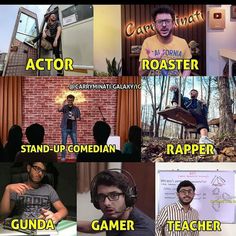 a series of pictures with people in different languages, including the words actor, stand - up comedy, rapper, gamer, and teacher