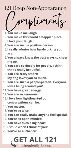 compliments not about appearance Non Psychical Compliments, No Physical Compliments, Compliment Words List, Cute Complements To Say, Compliments Not About Appearance, Compliments About Personality, Compliment Your Mirror Day, Compliments For Your Girlfriend, Nice Compliments To Say Friends