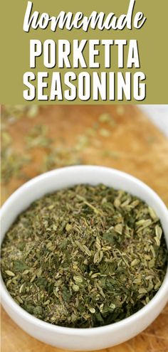 a white bowl filled with herbs on top of a wooden cutting board