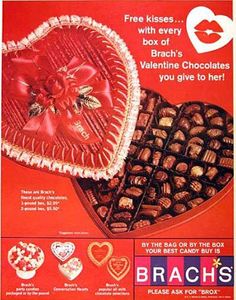 an advertisement for brach's chocolates with heart shaped boxes and bows on them