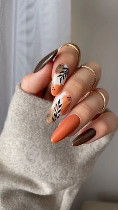 Fall Nail Designs Almond, Fall Abstract Nails, Fall Nail Designs Almond Shape, Nail Designs Almond Shape, September Nails Designs, Nails September, Classy Acrylic, Abstract Nails, Special Nails