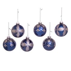 six blue christmas ornaments hanging from hooks