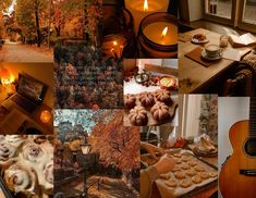 a collage of pictures with candles, food and trees in the fall colors as well as an acoustic guitar