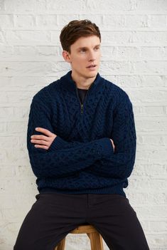 100% Merino, 100% luxury. The Ballycroy Aran Half Zip Sweater showcases a modern half zip cut, with an antique brass finished zip that fastens up to the top of the double ribbed collar. This contemporary style is balanced with traditional Aran cable, honeycomb and moss stitching, allowing the magic of Aran to weave its way into the current moment. Mastering the balance of two worlds. European Male Fashion, Taehyung Fits, Half Zip Sweater Outfit, Zip Sweater Outfit, Modern Sweater, Grey Pants Outfit, Old Man Fashion, Sweater Outfits Men, Formal Clothing