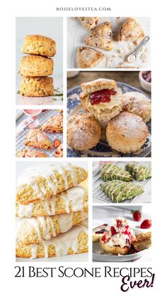 the best scone recipes ever from rose lovesteat com, with images of different pastries and desserts