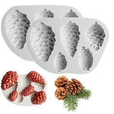 pine cones and berries are shown next to the molds for this christmas cookie decoration