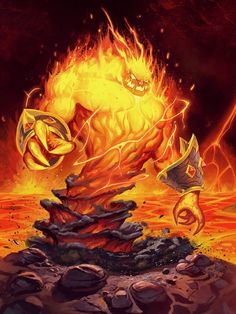 an image of a demonic creature in the middle of a field with fire and rocks