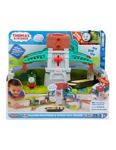 thomas the tank engine playset with tracks and accessories in its box, including a train track