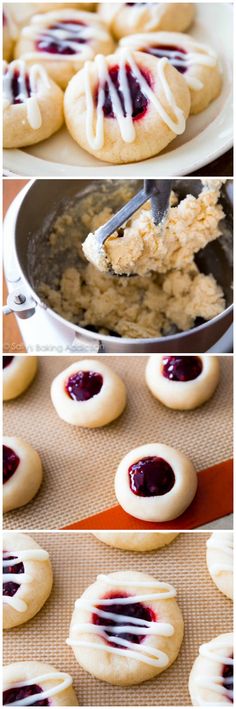 cookies with blueberry icing are being made and ready to be baked