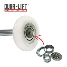 an image of a white wheel and washer on a white background with the words, dura - lift door hardware