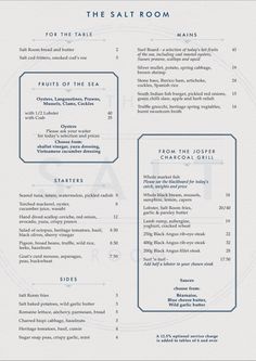 the salt room menu is shown in blue and white