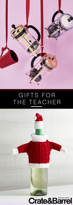 two christmas gifts for the teacher and santa hat on top of a bottle with red ribbon hanging from it