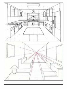 three different views of a kitchen and living room from the perspective of the floor plan