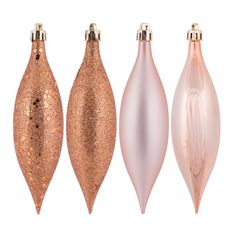 three ornaments in different colors and sizes, one is pink, the other is gold