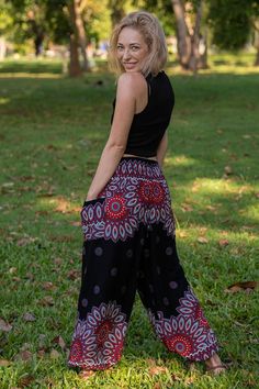 Black Petal PantsYoga Pants Beige Vibe, Petal Pants, Pretty Pants, Lotus Pattern, Hippie Lifestyle, Bamboo Plant, Lotus Print, Printed Yoga Pants, Hippie Pants