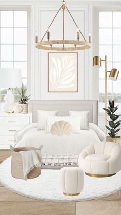 a bedroom with white walls, wood floors and a chandelier hanging from the ceiling