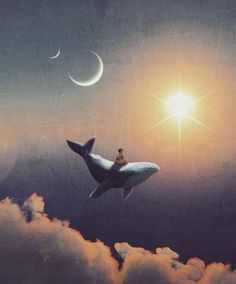 a man riding on the back of an orca whale in the sky at sunset