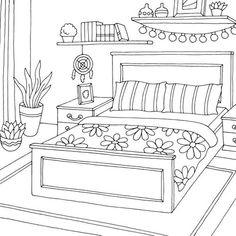 a bed room with a neatly made bed and potted plants