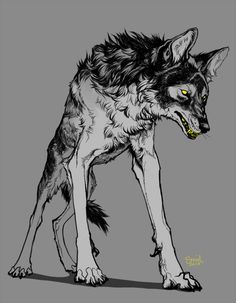 a black and white drawing of a wolf with yellow eyes looking to its left side