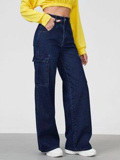 Denim Cargo Pants Outfit, Blue Cargo Pants Outfit, Dark Blue Jeans Outfit, Aesthetic Korean Outfits, Cargo Jeans Outfit, Flap Pocket Cargo Jeans, Western Party Wear, Cargo Pants Jeans, Cargo Pants Color