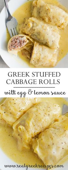 greek stuffed cabbage rolls with egg and lemon sauce in a white bowl on a table