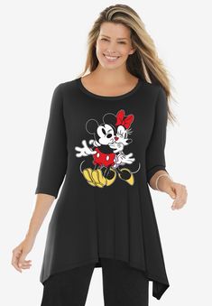 The generous cut of this flowing swing tunic is fashionably loose and gracefully oversized, with a statement-making hem and flattering boatneck. It pairs so well over leggings or jeans, and features your favorite Disney characters. Designed to comfortably glide over curves, this tunic is made in soft cotton knit that wears and washes beautifully. 100% Cotton38" at longest length; approx. hits just above the kneeMachine washable, imported Mickey Mouse And Minnie Mouse, Thermal Sweater, Hanky Hem, Sweater Collection, Black Tunic, Career Dress, Disney Ladies, Mickey Minnie, Rain Wear