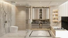 a modern bathroom with marble walls and flooring