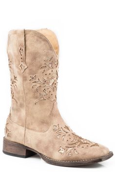 WOMENS COWBOY BOOT VINTAGE BEIGE FAUX LEATHER WITH METALLIC GOLD UNDER – Roper Apparel & Footwear Square Toe Boots Cowgirl, Cowboy Boots Square Toe, Gold Boots, Striped Shoes, Fashionable Snow Boots, Boots Square Toe, Tan Shoes, Tan Boots, Square Toe Boots