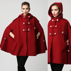 "This Wool cape is a gorgeous clothing with hood, design with hip pockets and large silver button details. This winter cape is made from soft wool fabric,the red wool cape is completely lined in polyester with fabulous flap detailing on the front, shoulders, pockets and back. This is a womens hooded cape you will wear forever. The stylish design will gives a retro feeling and keep you warm in winter days.put it on, you will be the focus of everyone's attention. Detail * More colors available (Fa Hooded Winter Outerwear With Snap Buttons, Hooded Fall Outerwear With Snap Buttons, Winter Hooded Outerwear With Snap Buttons, Hooded Solid Pea Coat With Pockets, Hooded Outerwear For Cold Weather With Buttons, Hooded Outerwear With Button Closure, Fall Hooded Jacket With Buttons, Hooded Winter Pea Coat With Button Closure, Hooded Pea Coat With Pockets For Outdoor