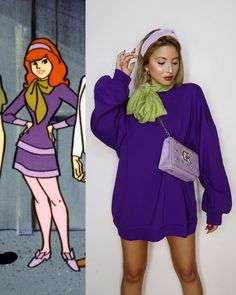 a woman in purple dress next to an image of cartoon character