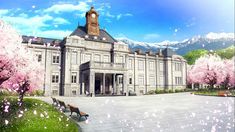 an artistic rendering of a large building with benches in front of it and cherry blossoms on the ground