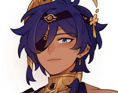 an anime character with blue hair and gold jewelry on his head is looking at the camera