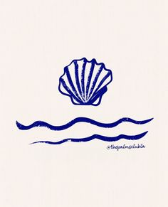 a blue and white drawing of a shell in the water