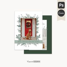 a christmas card with an image of a dog sitting in front of a red door