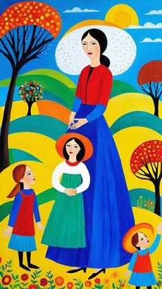 a painting of a woman and two children in a field with trees on the other side