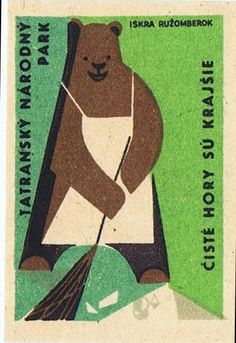 a postage stamp with a bear holding a broom