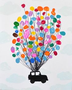 a painting of a car with colorful balloons in the shape of a tree on it