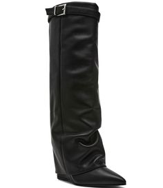 From Steve Madden&#x2C; the Corenne Leather Foldover Buckle Strap Tall Wedge Boots feature:Leather upperBuckled strap detailPull-on designSynthetic liningSynthetic outsoleApprox. 17" boot shaft heightApprox. 15" standard calf shaft circumferenceApprox. 15.5" wide calf shaft circumferenceApprox. 4" heel heightImported. Steve Madden Cobra Black Leather Boots, Steve Madden Tall Black Boots, Steve Madden Wedge Boots, Tall Wedge Boots, Wide Calf, Wedge Boots, Dillard's, Tall Boots, Boot Shoes Women