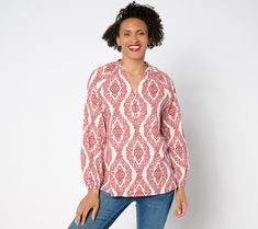 Give your wardrobe a well-deserved refresh with this lively floral ikat blouse (complete with billowy blouson sleeves that we absolutely love). From Belle by Kim Gravel. Spring Long Sleeve Ikat Print Tops, Spring Ikat Print Long Sleeve Tops, Casual Ikat Print Tops For Spring, Casual Ikat Print Patterned Top, Patterned Ikat Print Long Sleeve Tops, Ikat Blouse, Kim Gravel, Blouson Sleeve, Feminine Chic