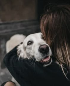 a white dog is being hugged by a woman