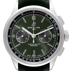 Breitling Premier B01 Chronograph 42 Green Dial Steel Mens Watch AB0118 Box Card. Automatic self-winding chronograph movement. Stainless steel round case 42.0 mm in diameter. Transparent exhibition sapphire crystal case back. Stainless steel bezel. Scratch resistant sapphire crystal. Green dial with black subdials. Luminescent stainless steel outlined hands and hour markers. Minute markers. tachymeter around the outer rim. Calendar window at 6. Large central chronograph seconds hand. 30 minute c Green Chronograph Watch With Tachymeter For Formal Occasions, Timeless Green Chronograph Watch With Subdials, Formal Green Chronograph Watch, Formal Green Chronograph Watch With Tachymeter, Green Chronograph Stainless Steel Watch, Luxury Green Chronograph Watch With Metal Dial, Green Outdoor Automatic Chronograph Watch, Cartier Calibre, 3 O Clock