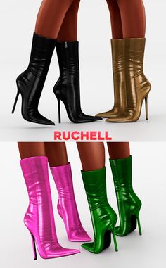 three different colored high heeled boots with the word ruchell in front of them