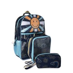 A happy school day awaits when it starts with Wonder Nation's Smiley Backpack Set. Bright and colorful, this three-piece set includes everything they need to stay organized all day long...a backpack for books and a laptop, insulated lunch tote and accessories pouch. Exclusively at Walmart. Size: 17" H x 12" W x 5" D.  Color: Blue.  Gender: female.  Age Group: kids. Back To School Stationery For Students, Playful Multicolor Stationery For Back To School, Cute Blue Stationery For Back To School, Playful Rectangular Stationery For Back To School, Playful Multicolor School Stationery, Playful Multicolor Stationery For School, Playful Pencil Case For Back To School Travel, Rectangular Blue School Stationery, Blue Back To School Stationery