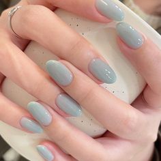 Simple Nail Sets, Blue Nails Pastel, Short Simple Nail, Nails Pastel Blue, Korean Nail Polish, Nail Polish Jelly, Pastel Blue Nails, Glitter Toe Nails, Jelly Nail Polish