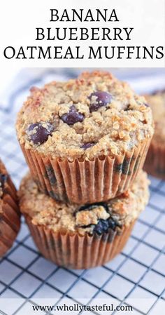 banana blueberry oatmeal muffins stacked on top of each other