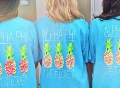 two women wearing blue shirts with pineapples on them and the words, aloha phi let love it