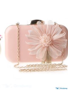 OrcaJump - Womens Polyester Evening Bag with Solid Color Flower and Chain in Green, White, Pink, and Gold Elegant Clutch As Fashion Accessory For Spring, Elegant Spring Fashion Accessory Clutch, Pink Chain Bag For Gift, Pink Clutch With Chain Strap As Gift, Pink Clutch With Chain Strap For Gift, Pink Flower-shaped Party Bag, Elegant Spring Bags With Chain Detail, Pink Flower-shaped Wedding Bag, Color Flower