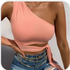 New With Tag- Never Worn, No Flaws At All Fully Lined One Shoulder Waist Tie Top Peach / Pink *All Items Are Safely Packaged And Ship Within 1-2 Business Days* Questions And Reasonable Offers Welcome! Bundle 2 Or More Items For 10% Off Backless Crop Top, Summer Streetwear, Backless Top, Top Streetwear, Spring Tops, One Shoulder Tops, Professional Outfits, Tie Top, Bandeau Top