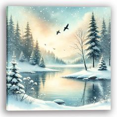 a painting of snow covered trees and birds flying over a lake